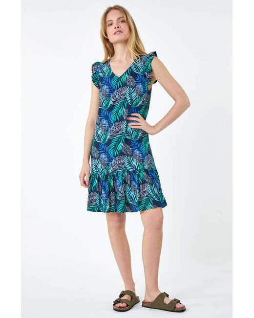 Roman Blue Leaf Print Linen Blend Frill Detail Dress