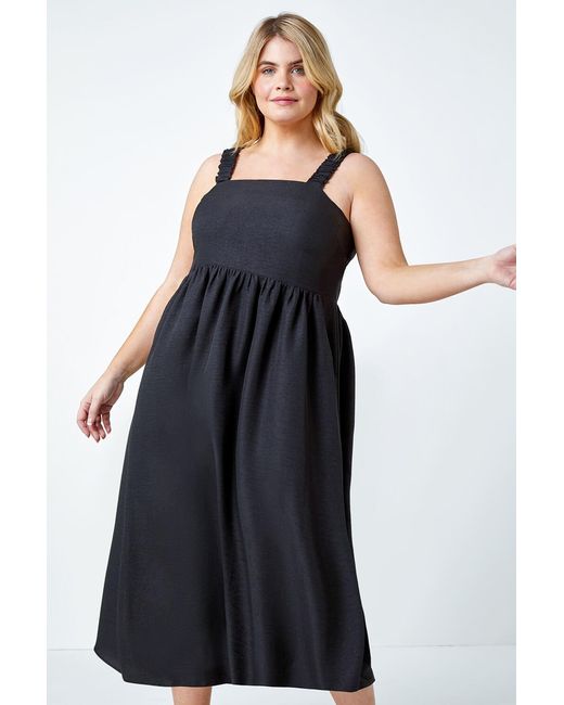Roman Curve Black Linen Look Ruched Midi Dress