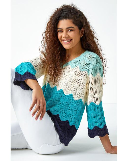 Roman Blue Colour Block Crochet Knit Scalloped Jumper