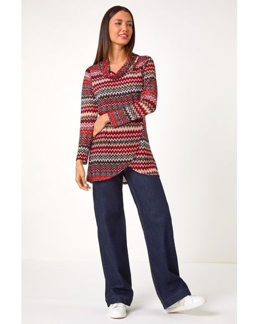Roman Red Aztec Print Cowl Neck Stretch Top
