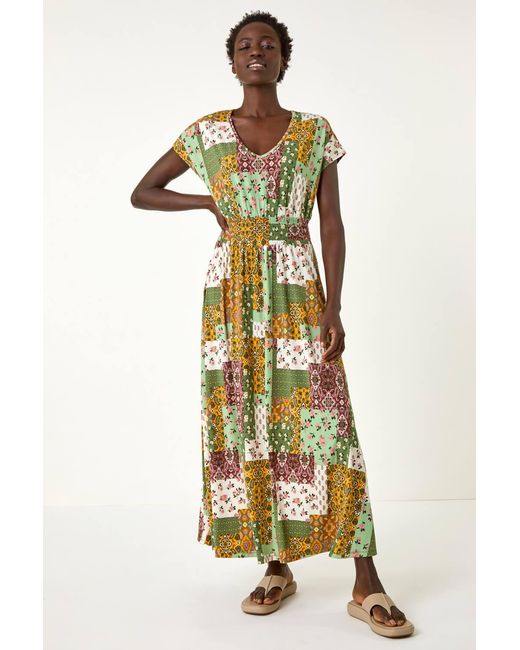 Roman Green Stretch Patchwork Shirred Maxi Dress