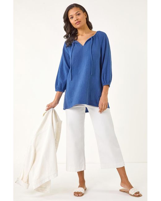 Roman Blue Cotton Tie Neck Tunic Top