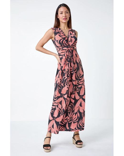 Roman Pink Sleeveless Floral Print Maxi Stretch Dress
