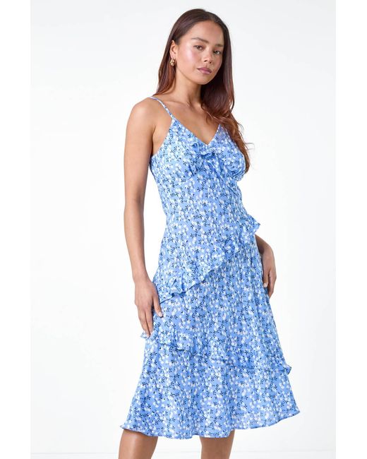 Roman Petite Blue Ditsy Floral Frill Midi Dress