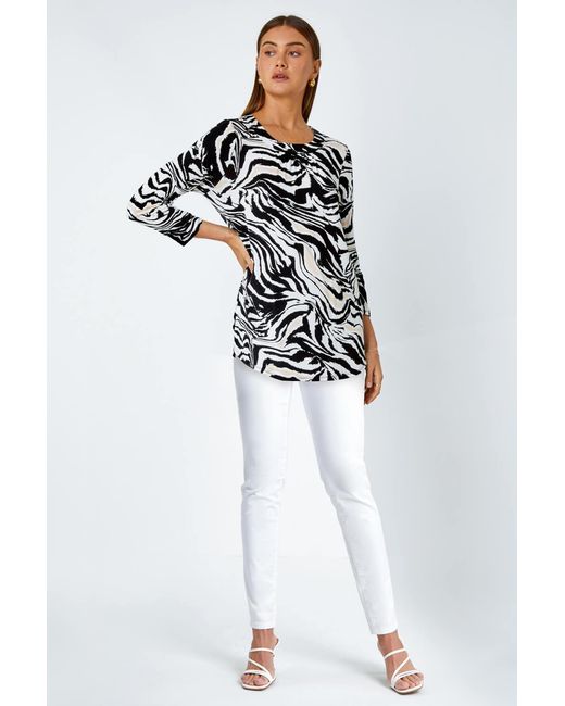 Roman Black Animal Print Pleated Stretch Top