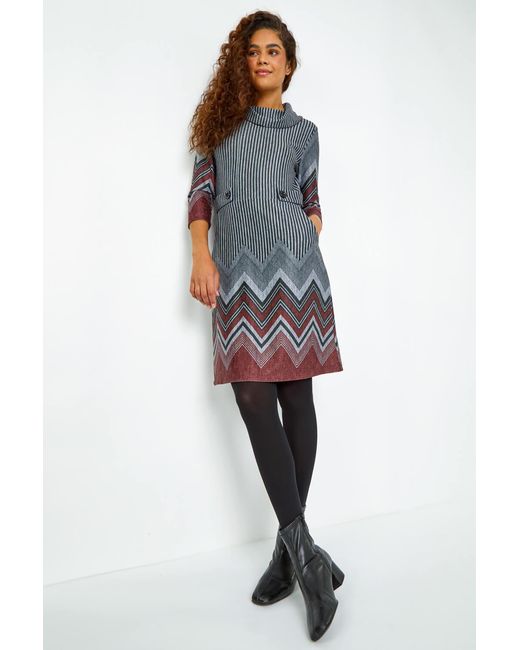 Roman Blue Zig Zag Border Print Tunic Stretch Dress