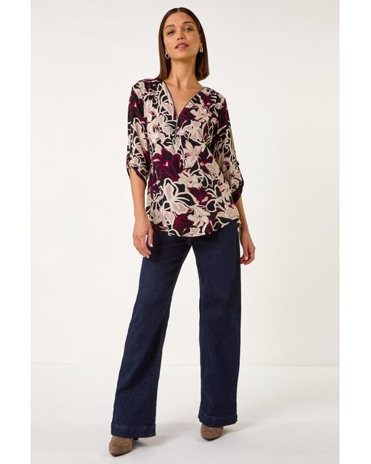 Roman Black Floral Print Zip Detail Top