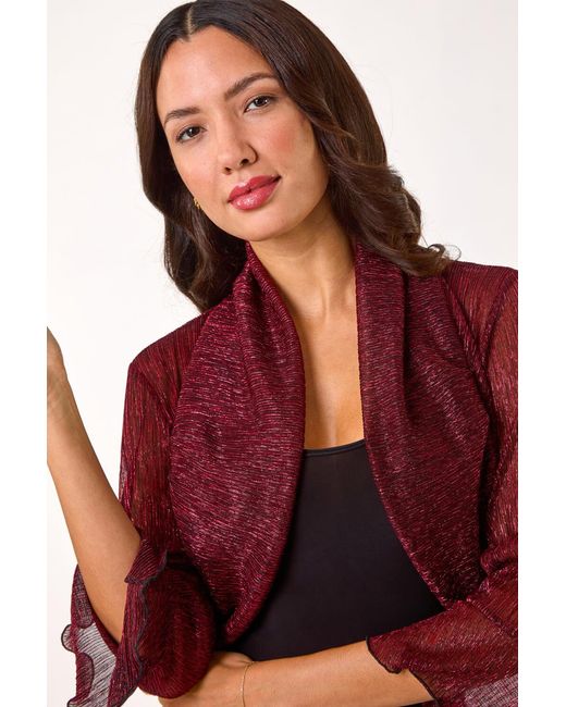 Roman Red Metallic Plisse Jersey Bolero