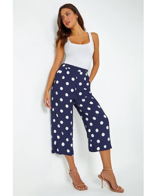 Roman Blue Polka Dot Elastic Waist Culotte Trousers