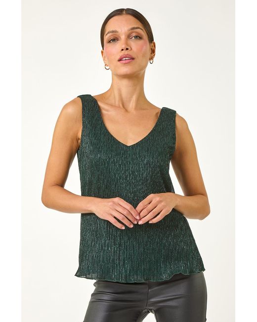 Roman Green V-Neck Metallic Plisse Vest Top