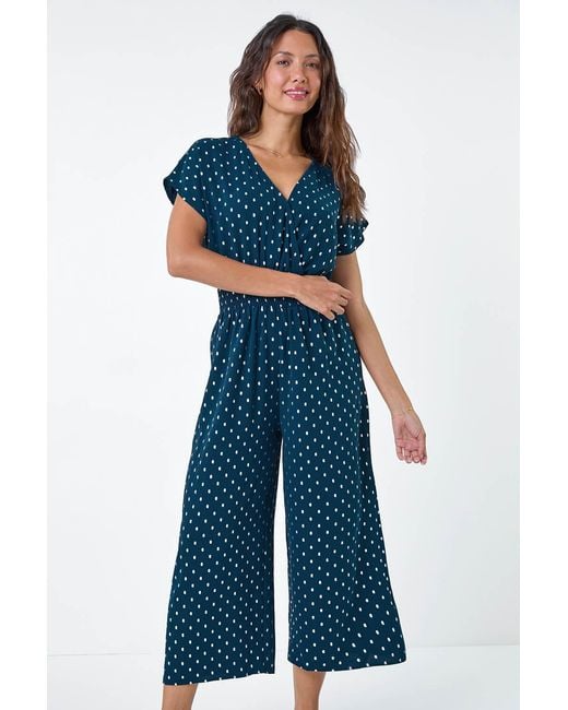 Roman Blue Metallic Foil Print Stretch Jumpsuit