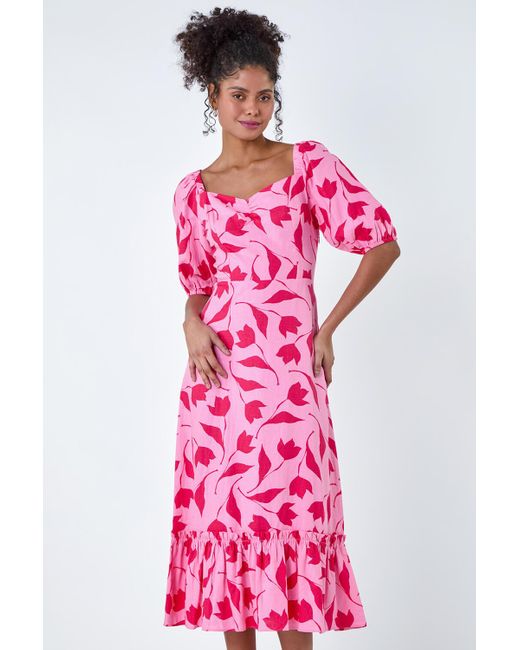 Roman Red Dusk Fashion Floral Print Chiffon Frill Hemmidi Dress