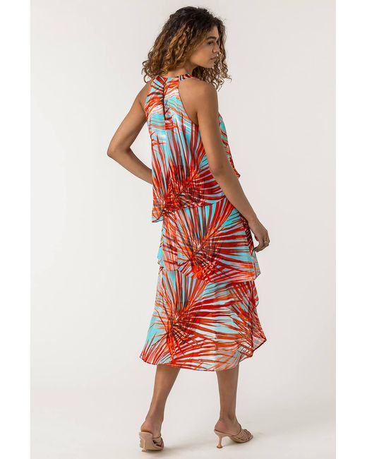 Roman Multicolor Layered Chiffon Tropical Print Dress