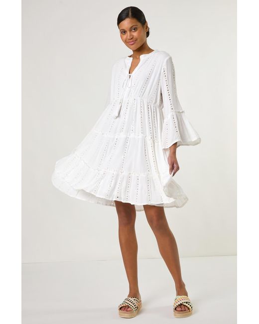 Roman White Shimmer Tie Detail Smock Dress