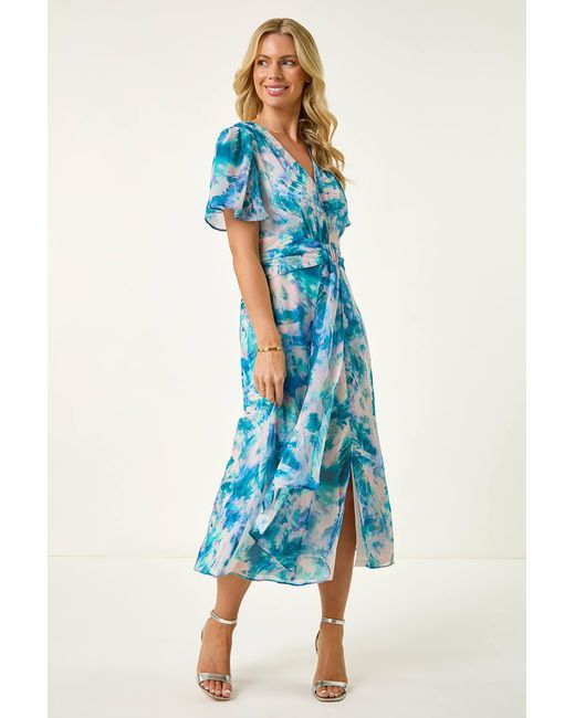 Roman Petite Blue Abstract Print Ruched Midi Dress
