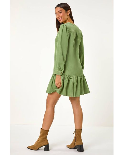 Roman Green Corduroy Button Detail A-Line Dress