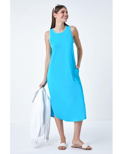 Roman Blue Contrast Stitch Stretch Jersey Midi Dress