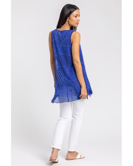 Roman Blue Stretch Lace Hanky Hem Vest Top