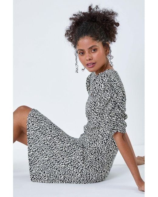 D.u.s.k Gray Ditsy Floral Ruched Puff Sleeve Dress