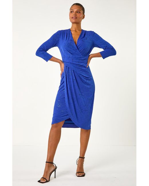 Roman Blue Floral Glitter Print Wrap Stretch Dress
