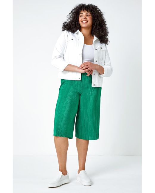 Roman Curve Green Elastic Waist Plisse Culotte Trousers