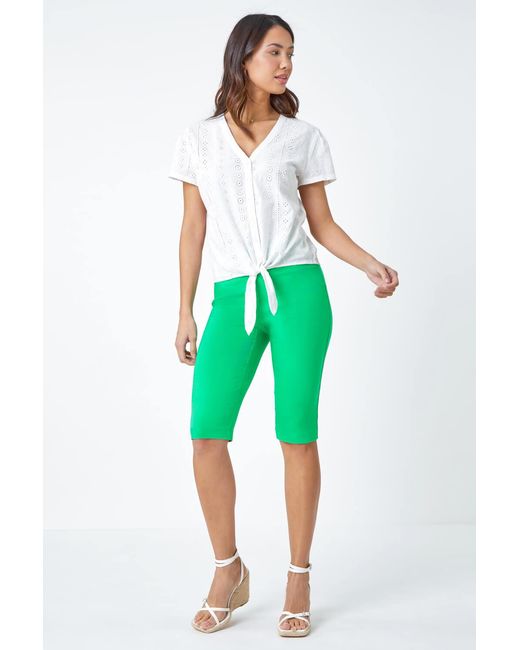 Roman Green Elastic Waist Knee Length Stretch Shorts