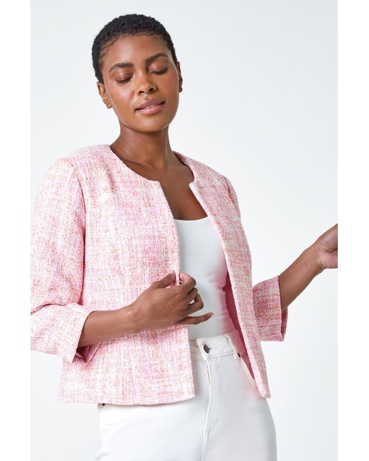 Roman Pink Smart Textured 3/4 Sleeve Boucle Jacket