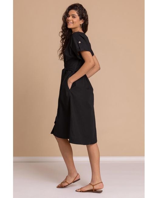 Roman Black Cotton Belted Midi Shirt Dress