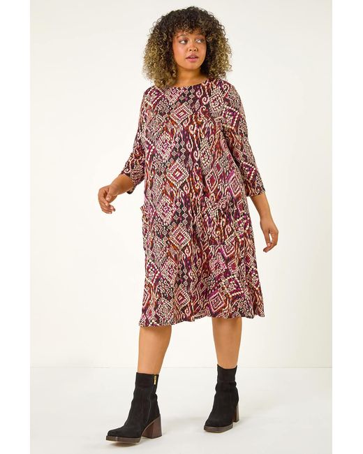 Roman Curve Red Aztec Print Pocket Swing Dress