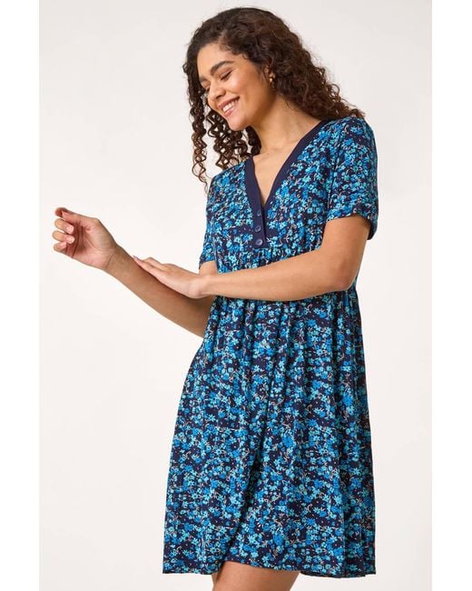 Roman Blue Floral Print Contrast Band Dress