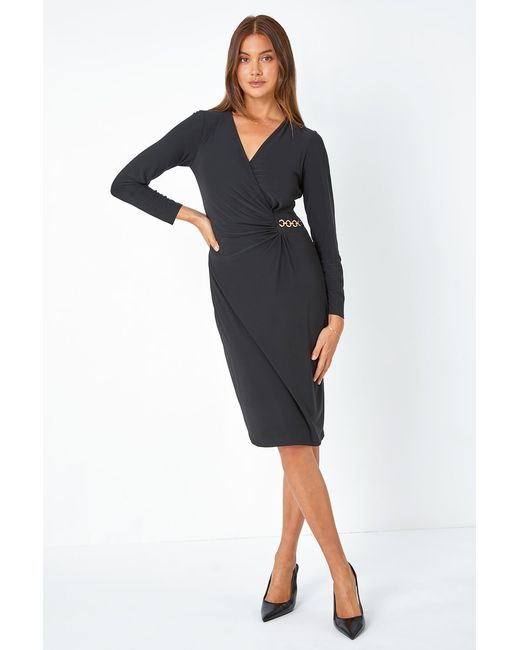 Roman Black Chain Detail Wrap Stretch Midi Dress