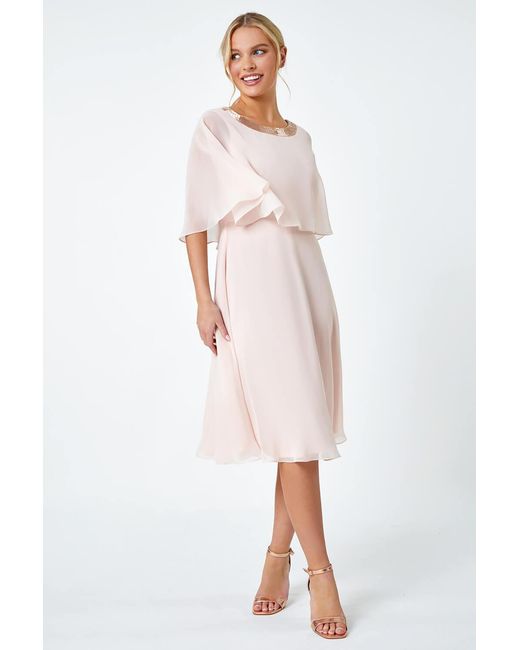 Roman Petite White Sequin Trim Chiffon Cape Dress
