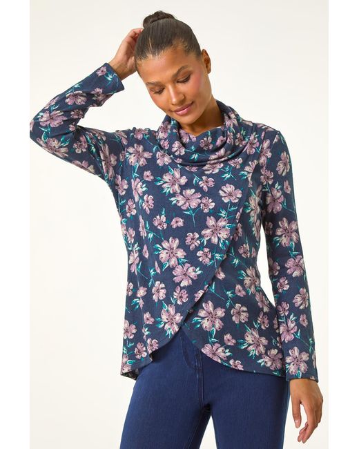 Roman Blue Cowl Neck Floral Snit Top