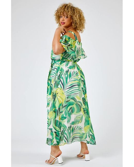 Roman Green Curve Tropical Leaf Print Cold Shoulder Maxi Dress