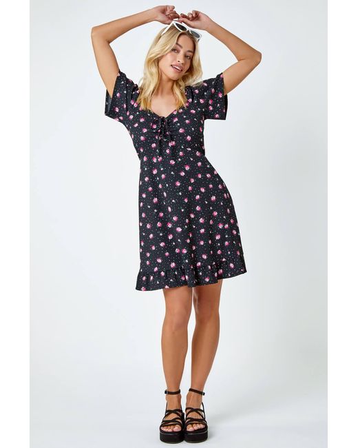 D.u.s.k Black Floral Print Frill Hem Mini Dress