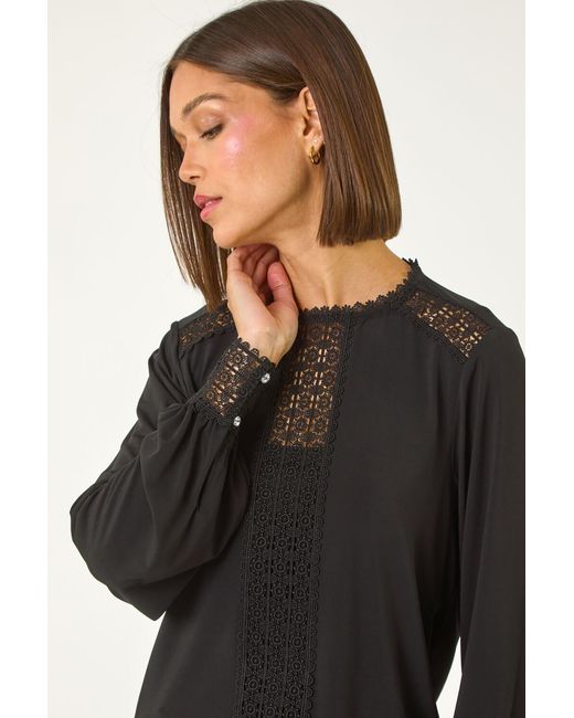 Roman Black Lace Trim Detail Stretch Top