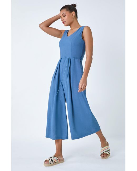 Roman Blue Sleeveless Wide Leg Culotte Jumpsuit