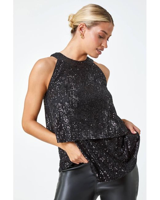 D.u.s.k Blue Sequin Tiered Halterneck Stretch Top