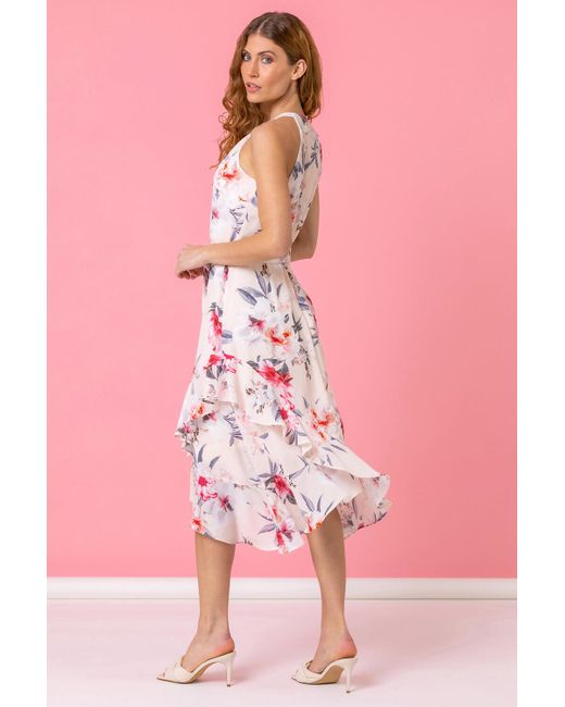 Roman Pink Floral Asymmetric Belted Midi Dress