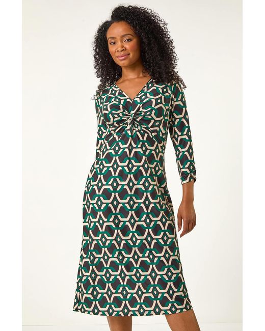 Roman Petite Green Geometric Twist Midi Dress