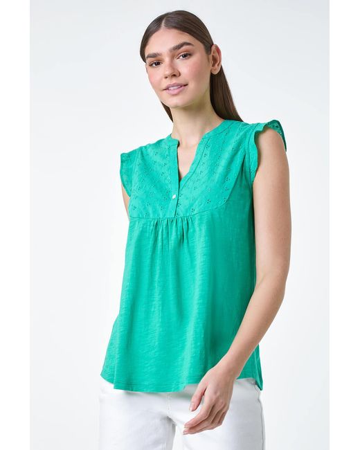 Roman Green Embroidered Frill Cotton Blend V-Neck Vest Top