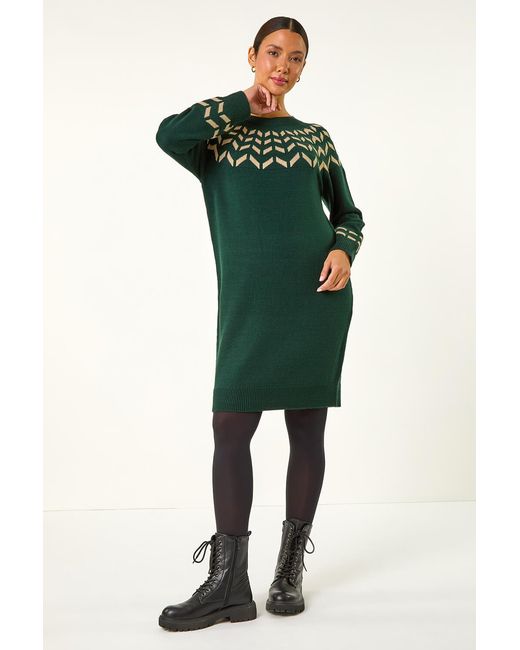 Roman Green Chevron Print Knit Dress