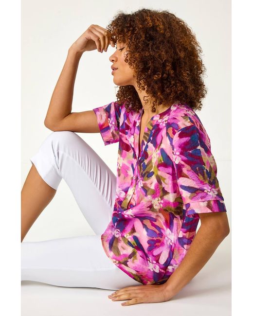 Roman Pink Floral Print V-Neck Top