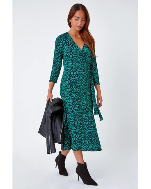 Roman Petite Green Aztec Print Tiered Stretch Dress