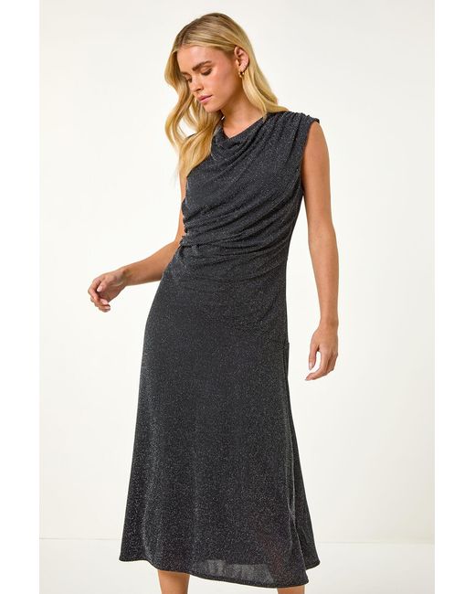 Roman Petite Black Sparkle Stretch Drape Dress