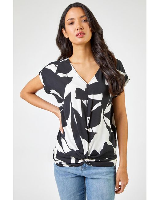 Roman Black Contrast Floral Print Twist Detail Top