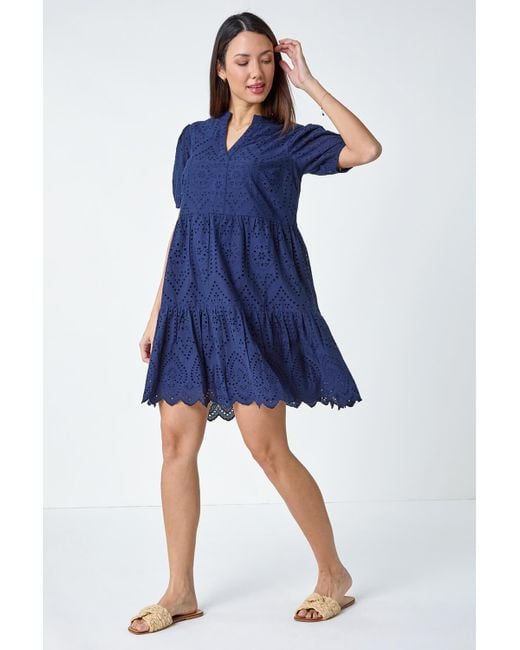 Roman Blue Embroidered Tiered Cotton Smock Dress