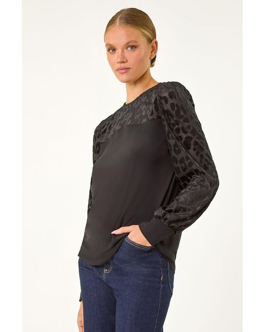 Roman Blue Animal Print Velvet Puff Sleeve Jersey Top