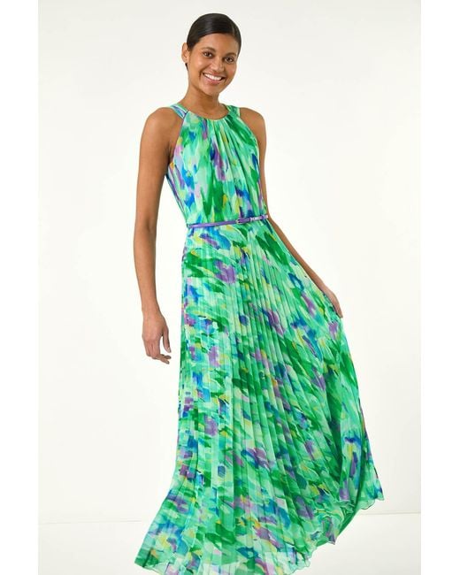 Roman Green Blurred Print Pleated Maxi Dress