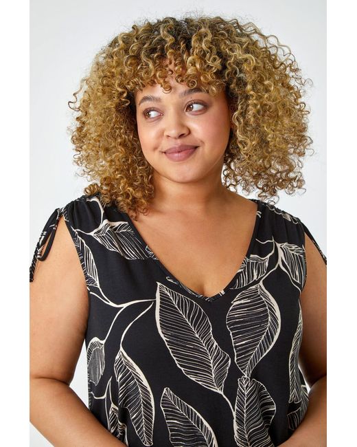Roman Curve Black Leaf Print V-Neck Blouson Top